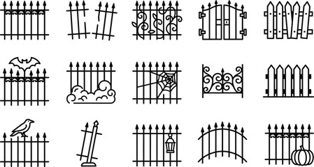 Obraz premium Black and white vector graphic illustration depicting various metal fences on transparent background