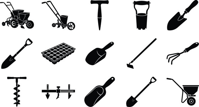 Collection of black silhouette gardening tools isolated on a white background for landscaping projects