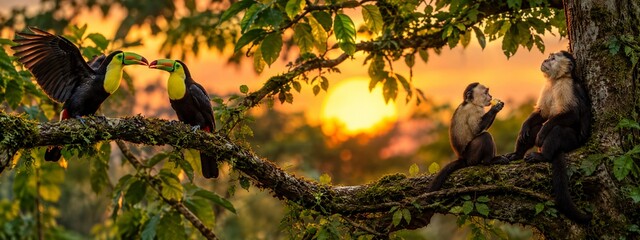 Fototapeta premium A mother and baby capuchin monkey with two toucans