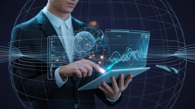 Business and Digital transformation concept.Using digital tablet with big data and networking, internet global network connection, Data science, futuristic, innovative, Abstract technology background