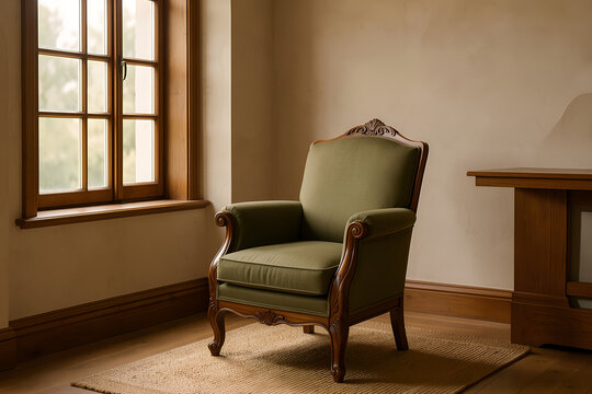 Quiet reading room with a moss-green upholstered carved wooden armchair beside a tall mullioned window