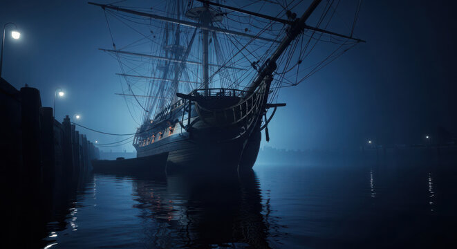 Majestic tall ship moored at a quiet dark harbor under glowing streetlights during a cold and misty midnight maritime atmosphere