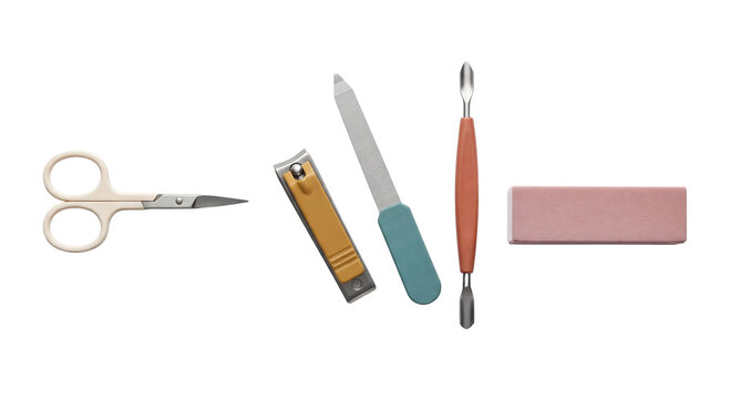 Manicure and pedicure tools set including nail scissors clippers nail file cuticle pusher white background with nail care white background