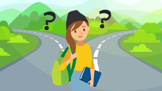 Young student traveler standing at crossroads with question marks in animated vector motion graphic footage clip