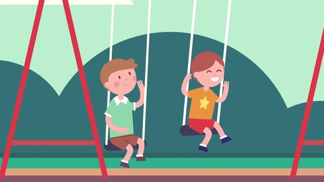 Happy little boys swinging happily together on playground swings in colorful vector animation video clip