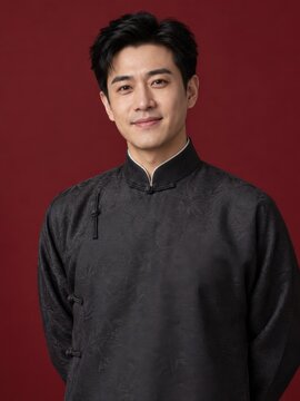Man in changshan posing for formal portrait on red background