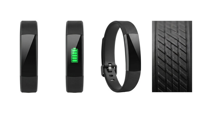 Fitness tracker watch collection showing different angles and battery charging screen white background with smart band white background