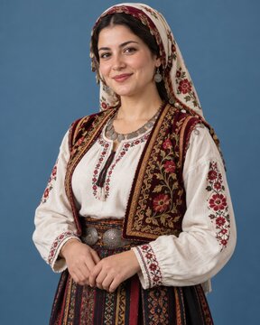 Woman in traditional folk dress portrait on blue background