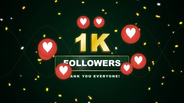 1k followers celebration graphic with floating hearts and confetti on dark green background