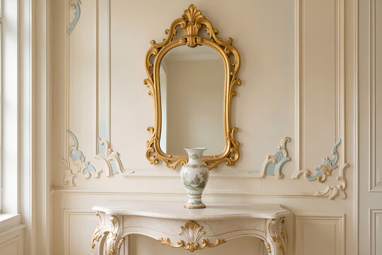 rococo salon interior with ornate gilded wall mirror above a marble console
