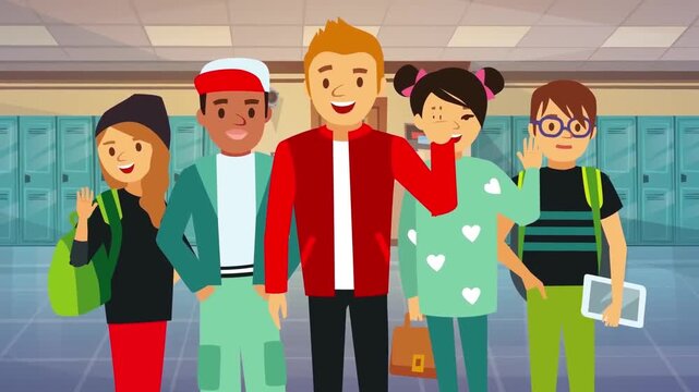 Happy diverse school children waving hands cheerfully inside colorful hallway animation clip