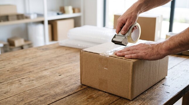 Close-up of hands sealing a cardboard box with packing tape on a wooden table, preparing for shipping