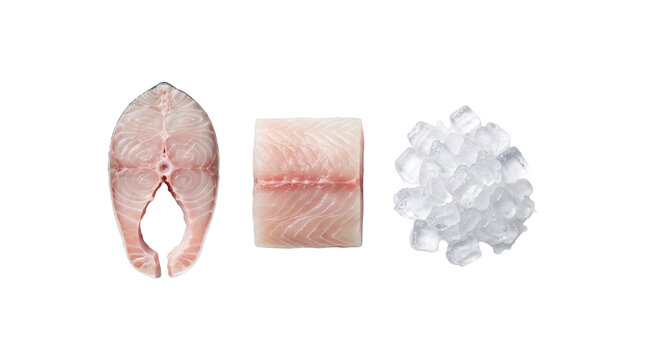 Raw fish steak fillet cut pieces and ice cubes on white background with ice pile fish piece protein food white background