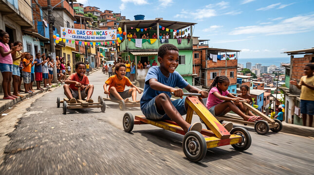 Joyful Brazilian children racing downhill in handmade soapbox carts during a lively community street festival in a hillside favela