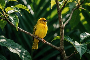 Fototapeta premium Small yellow bird sits on tree branch in tropical forest. Bright avian creature perches among green leaves in nature. Wild jungle wildlife background with rich vegetation. Colorful ornithology