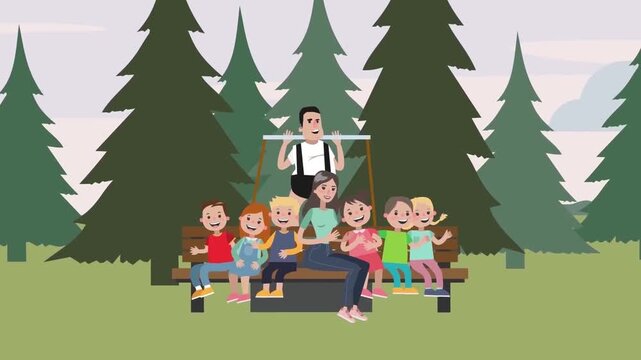 Large happy family sitting on a wooden bench outdoors in a park surrounded by pine trees