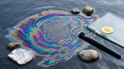 Obraz premium Abstract oil spill pattern with rainbow iridescence on dark water surface