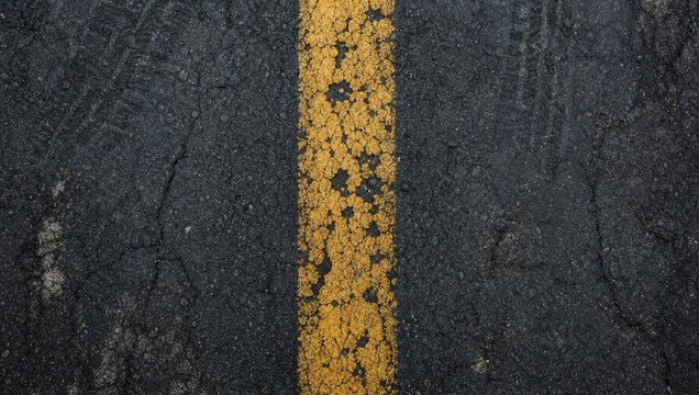 Cracked asphalt road surface texture with weathered yellow painted dividing line showing signs of wear for urban infrastructure maintenance or travel projects.