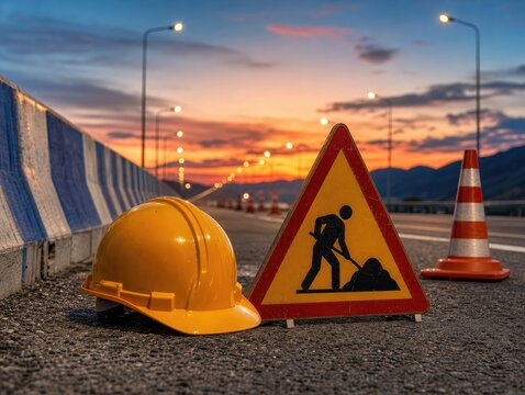 Construction site yellow helmet beside triangular work in progress sign with orange safety cone on asphalt road under sunset sky background for urban projects.
