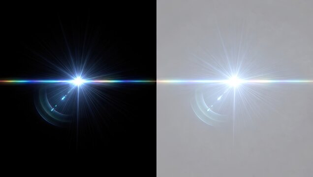 Abstract bright lens flare effect with blue light source and rainbow color spectrum creating optical glare for overlay design.