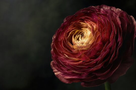 Single deep burgundy ranunculus flower with golden yellow center and soft velvet petals isolated against dark atmospheric moody background for botanical art.