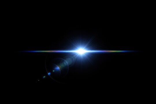 Abstract bright lens flare effect with blue light source and rainbow color spectrum creating optical glare for overlay design.