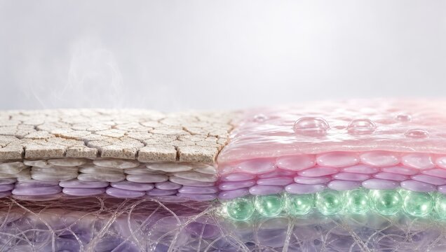 A detailed 3D rendering illustrates a cross-section of human skin, contrasting dry, cracked skin with well-hydrated, supple skin, highlighting the visible effects of moisture.