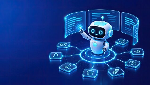 A friendly white and blue robot mascot interacts with multiple holographic screens and various application icons, symbolizing artificial intelligence and automation in a digital world.