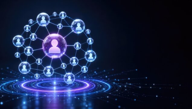 Abstract network of interconnected human user icons forming a sphere, centrally highlighted, with glowing blue and purple digital lines spreading outwards.