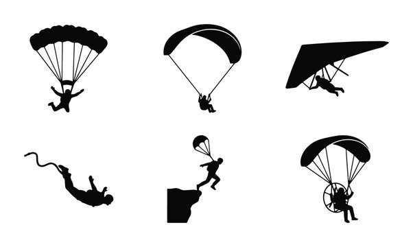 Extreme Sports Silhouettes: Parachuting, Hang Gliding, Bungee Jumping, Paragliding Vector Icons