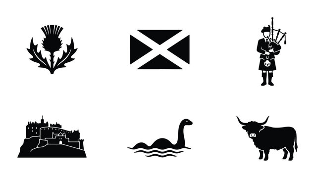 Scottish Icons Vector Set: Thistle, Saltire Flag, Bagpiper, Castle, Nessie, Highland Cow