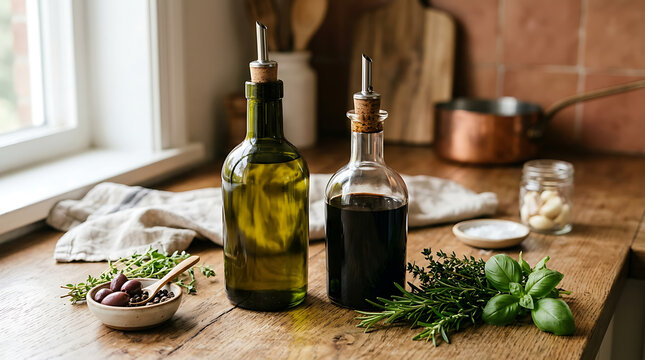 Glass cruets of olive oil and vinegar on rustic wooden kitchen counter