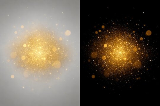 Luminous golden abstract explosion of light and particles against grey and black backgrounds for celebratory design.