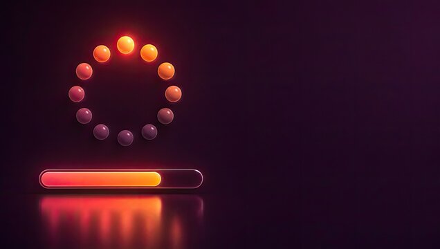 Loading indicator circle with glowing orange balls and progress bar signifying waiting for digital process or online connection.