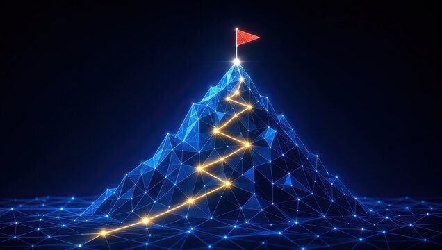 Digital mountain with glowing lines path to red flag on peak representing business success achievement or personal development journey.