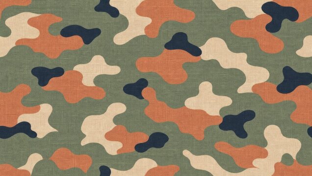 Classic camouflage pattern with green, beige, and navy blue colors provides textured background for military themes and outdoor apparel.