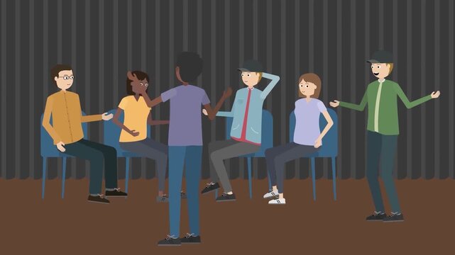 Diverse group of people in an animated support therapy session video clip with speaking characters