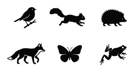 Obraz premium Forest Wildlife Silhouette Icons: Bird, Squirrel, Hedgehog, Fox, Butterfly, Frog Vector Set