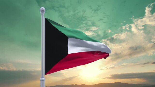 Kuwait Flag Waving on Flagpole Against Sunset Sky Realistic 3D Animation