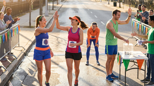 Two women high-fiving after completing a charity race on a sunny day  