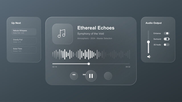 Music player ui interface design vector template with dark glass morphism style for web app