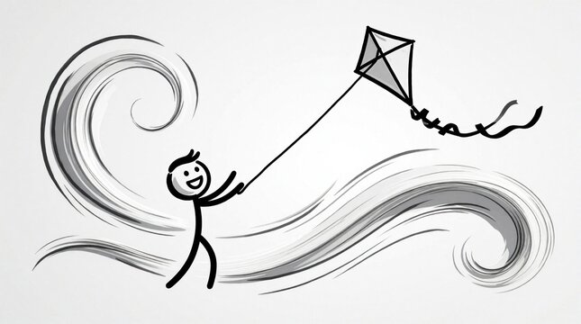 Stick figure man flies kite in strong wind. Simple black doodle illustration shows happy person enjoying outdoor hobby. Minimalist drawing represents childhood fun, freedom, active leisure. Character