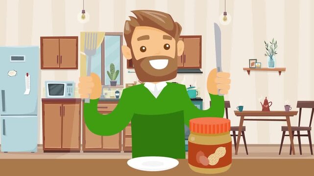 Hungry cartoon man holding knife and fork waiting for delicious peanut butter meal in kitchen animation footage