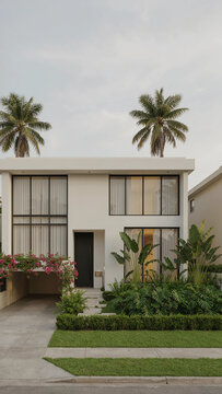 modern house with palm trees