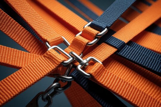 Close up view of cargo straps crossing over metal links. Orange and dark blue webbing secure load materials. Metal hardware connects nylon bands for safe transport.