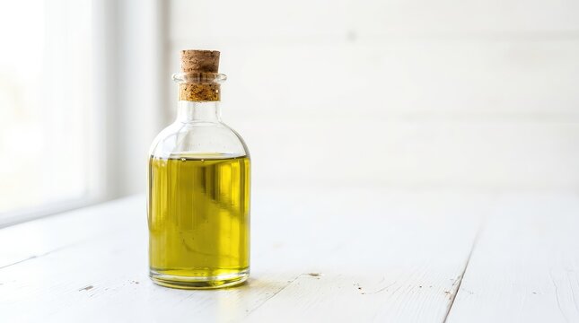 A close-up photograph capturing a clear glass bottle of extra virgin olive oil with a cork stopper, placed on a bright, minimalist white wooden table, pantry, preparation, kitchen