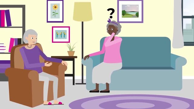 Two senior women friends talking sitting on sofa in cozy living room vector animation video footage clip
