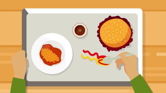 Animated person eating fast food meal with burger and baked beans video clip