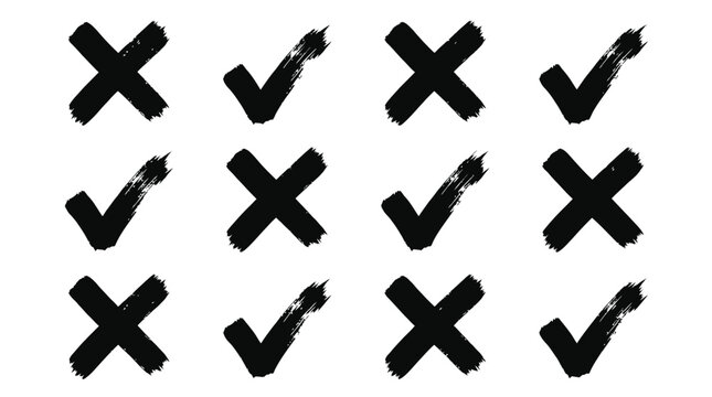 Handcrafted black ink brush strokes forming repetitive check marks and cross signs on white paper