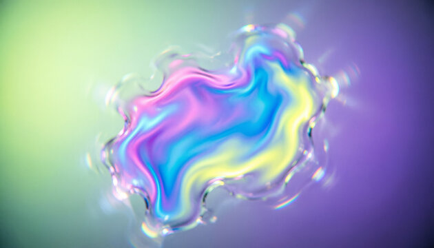 Fondo abstracto de gota de fluido iridiscente con destellos de luz sobre fondo degradado pastel.